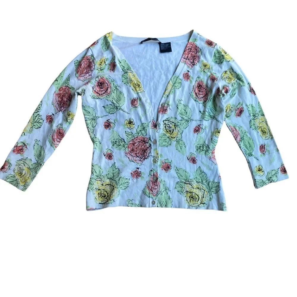 NicKnits Nicole Miller Silk Floral Cardigan Bead Embellished Sz S
